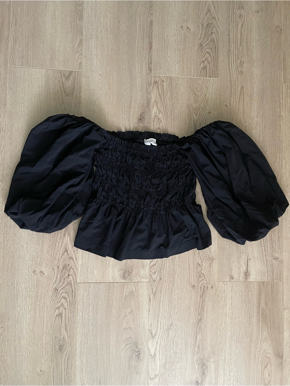 Dee Dee Black Off-Shoulder Smocked Peplum Top with Puff Sleeves (M)